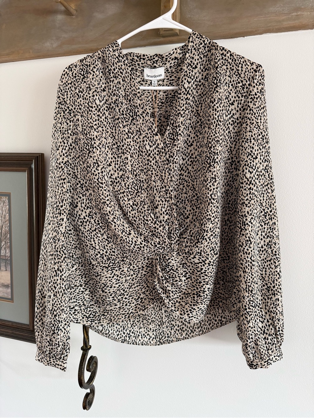 Heartloom Beige and Black Dotted Twist-Front Blouse